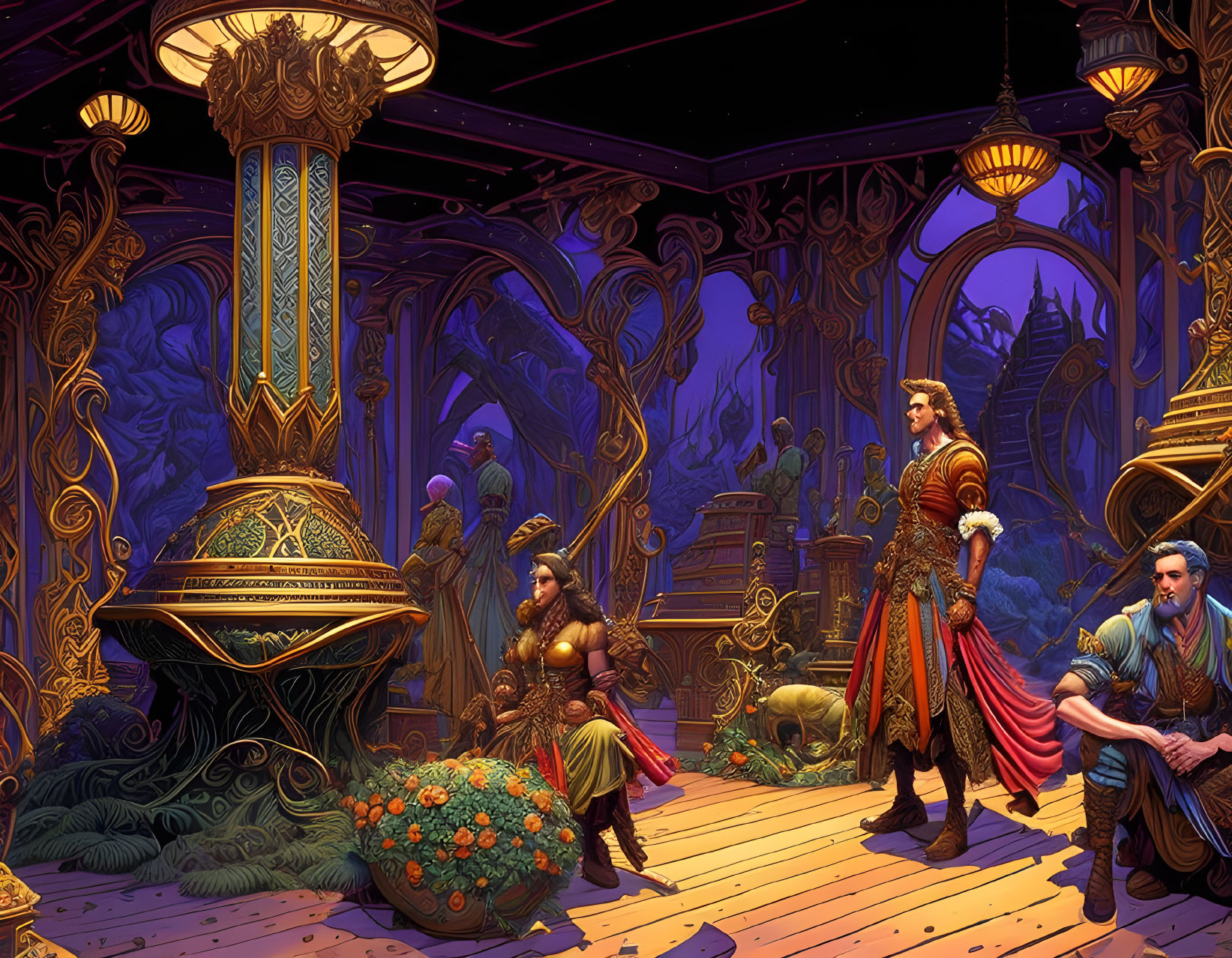 Intricate historical chamber with three characters in ornate attire surrounded by lanterns and lush flora