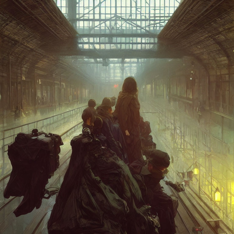 People in heavy coats on futuristic tram platform under glass ceiling in atmospheric glow