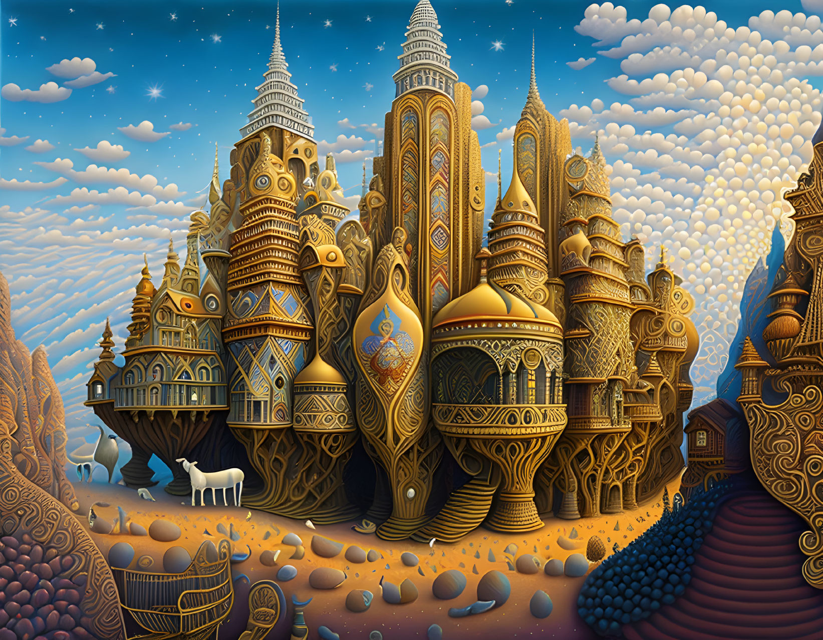 Fantastical landscape with golden towers and white horse