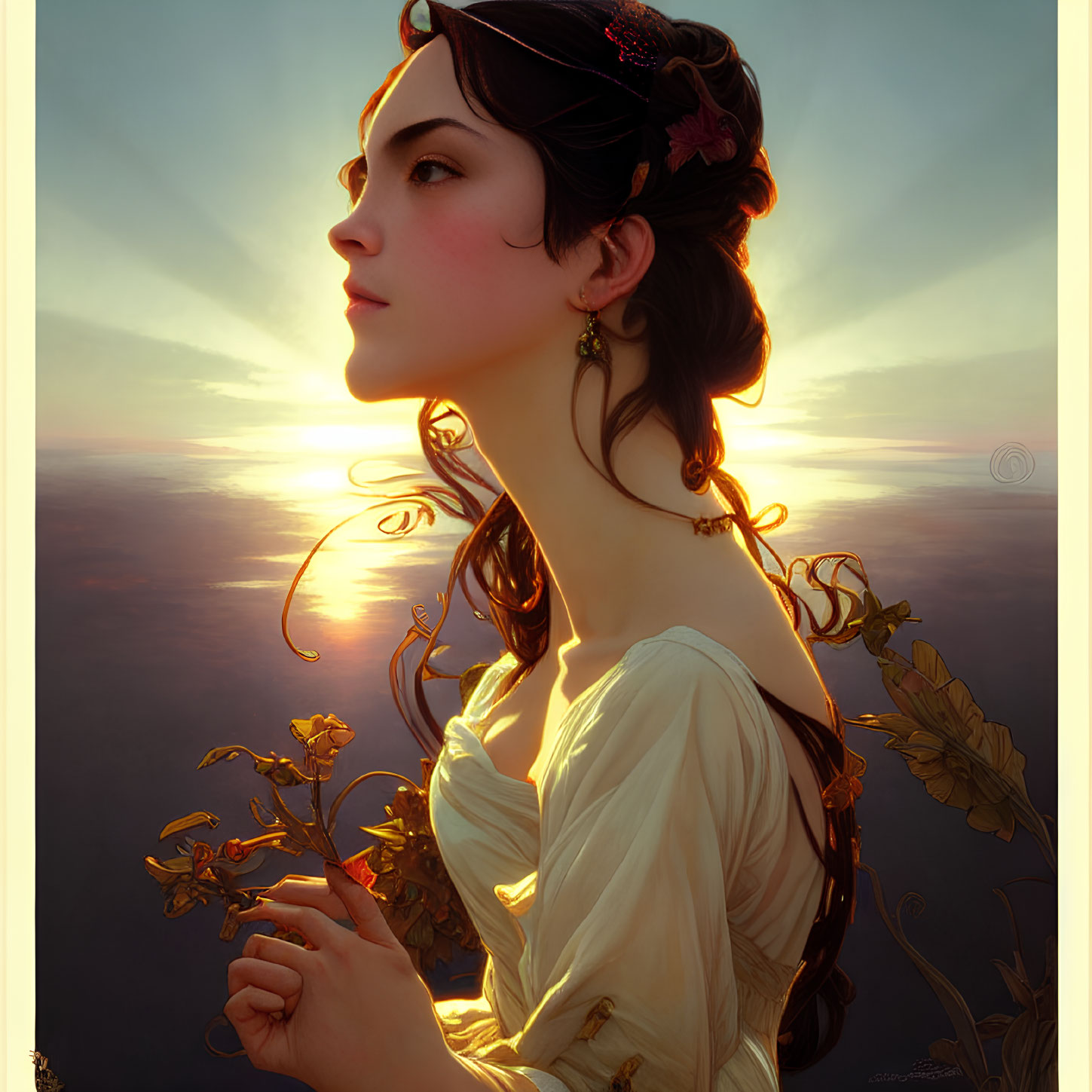 Digital artwork: Woman profile with hair accessories in golden sunset backdrop