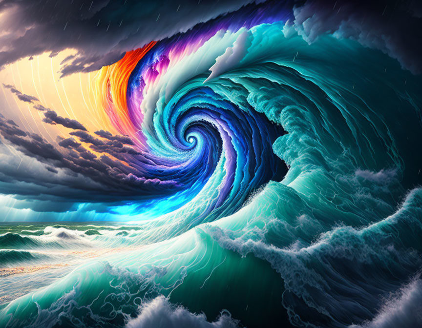 Colorful digital artwork of colossal wave spiraling under rainbow sky