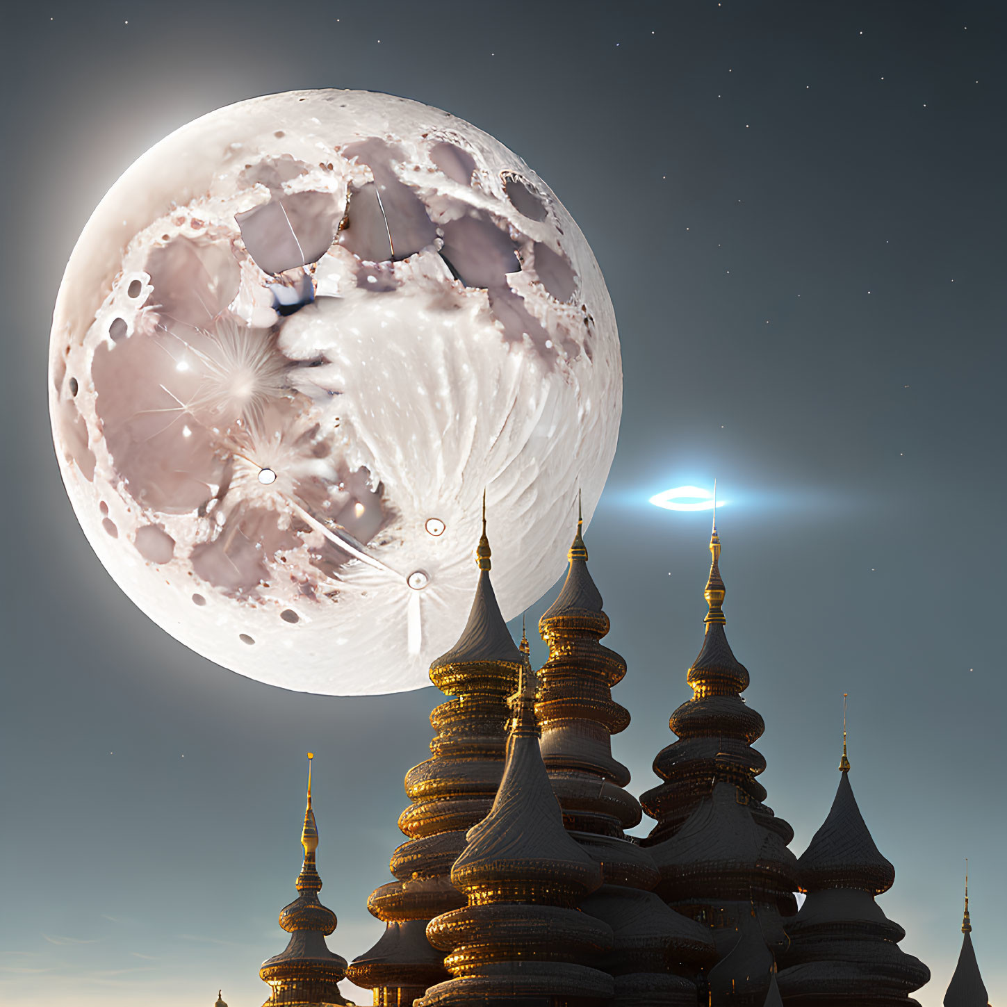 Detailed fantasy castle under large moon and glowing comet in twilight sky