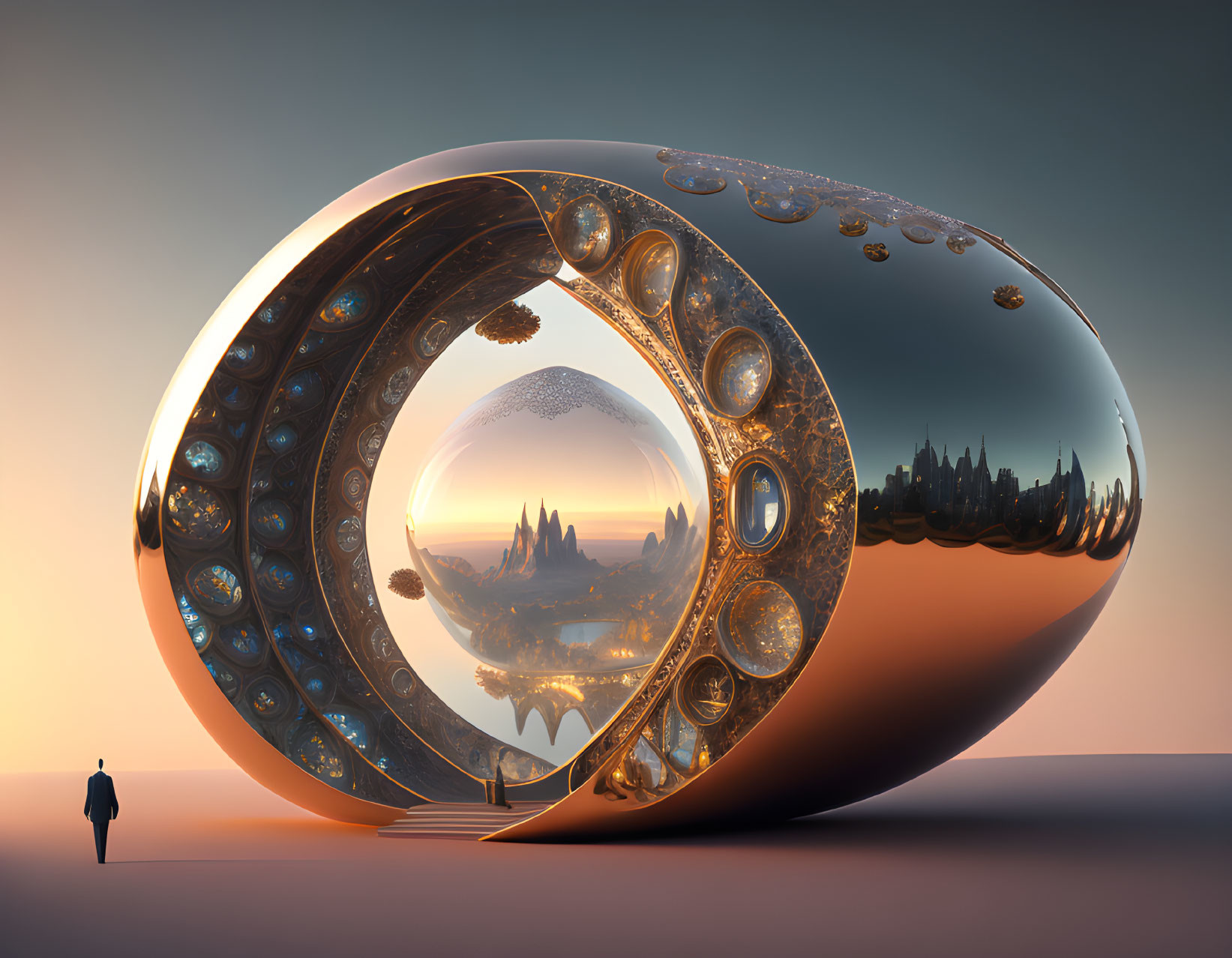 Futuristic bean-shaped structure against dusky sky