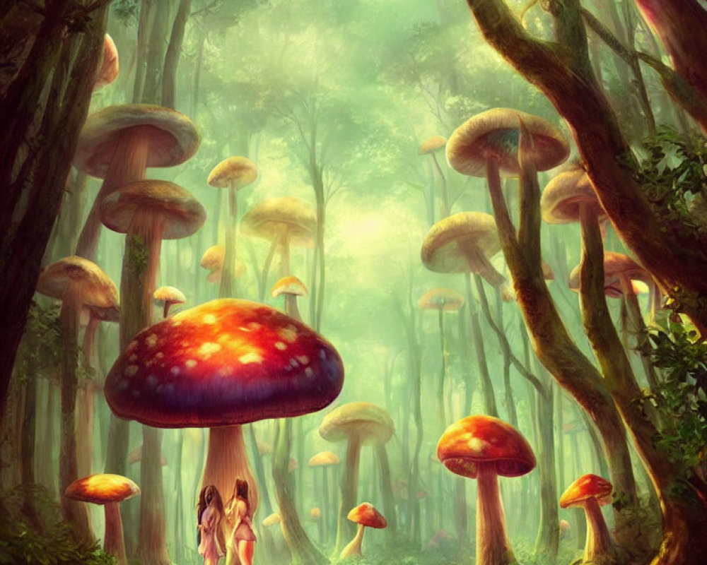 Fantastical forest with oversized colorful mushrooms and small humanoid figures