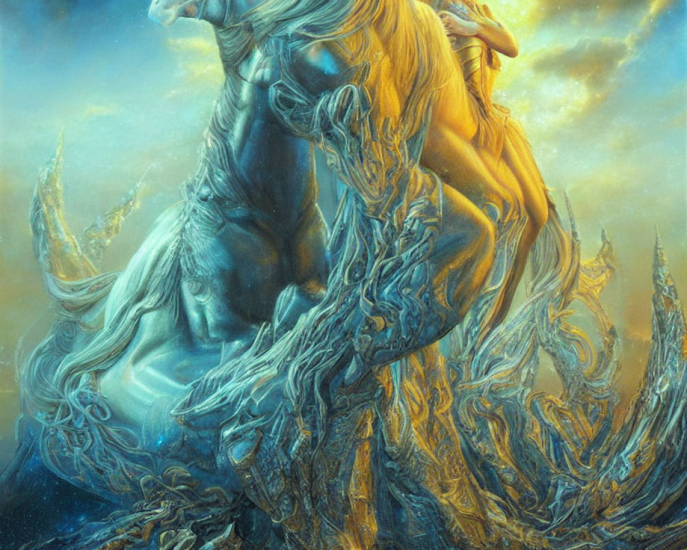 Fantasy scene: Glowing unicorn and rider in luminous blue embrace