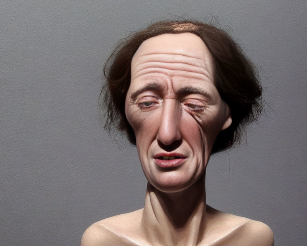 Hyperrealistic sculpture of person with exaggerated facial features