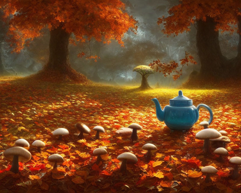 Vibrant blue teapot, mushrooms, golden trees in whimsical autumn scene