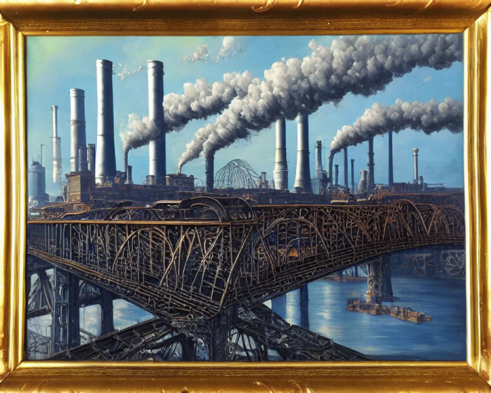 Industrial landscape painting in golden frame with smokestacks and river