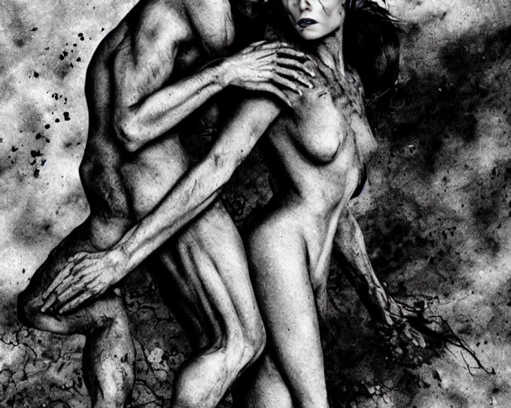 Monochromatic art of muscular male and female figures embracing