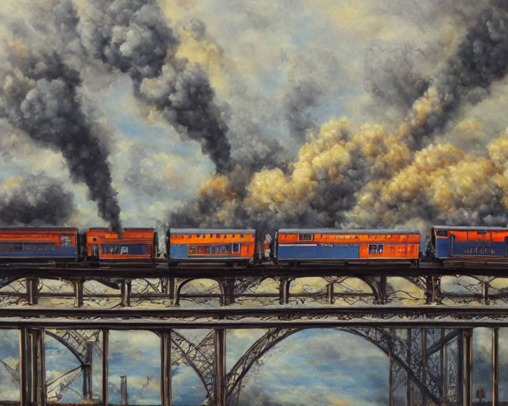 Red and Blue Train Crossing Steel Bridge with Smoke Clouds