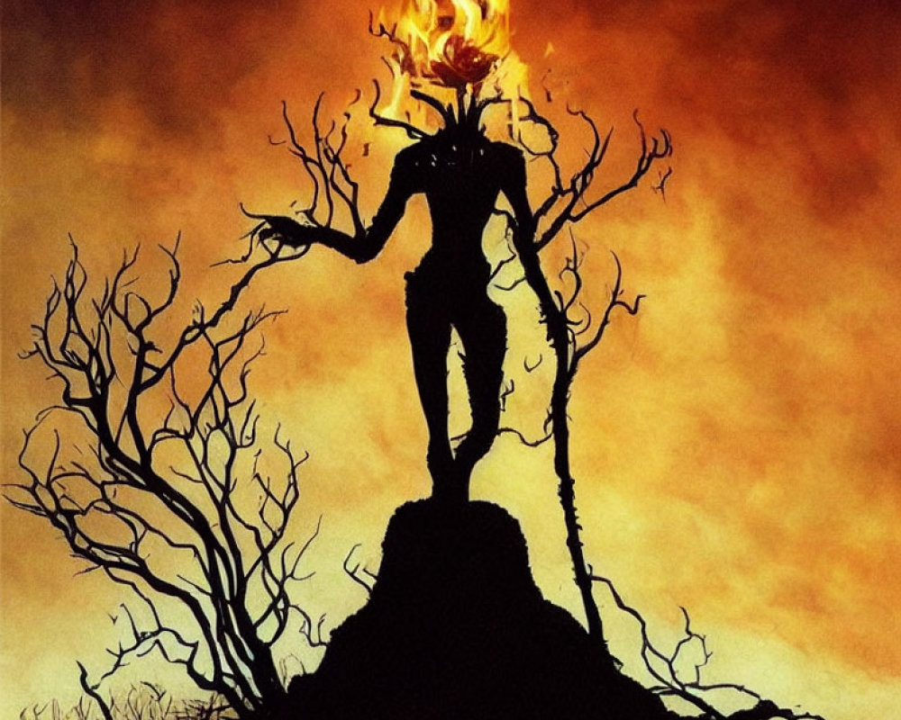 Humanoid Figure with Tree-Like Limbs and Flaming Rose on Head in Fiery Silhouette