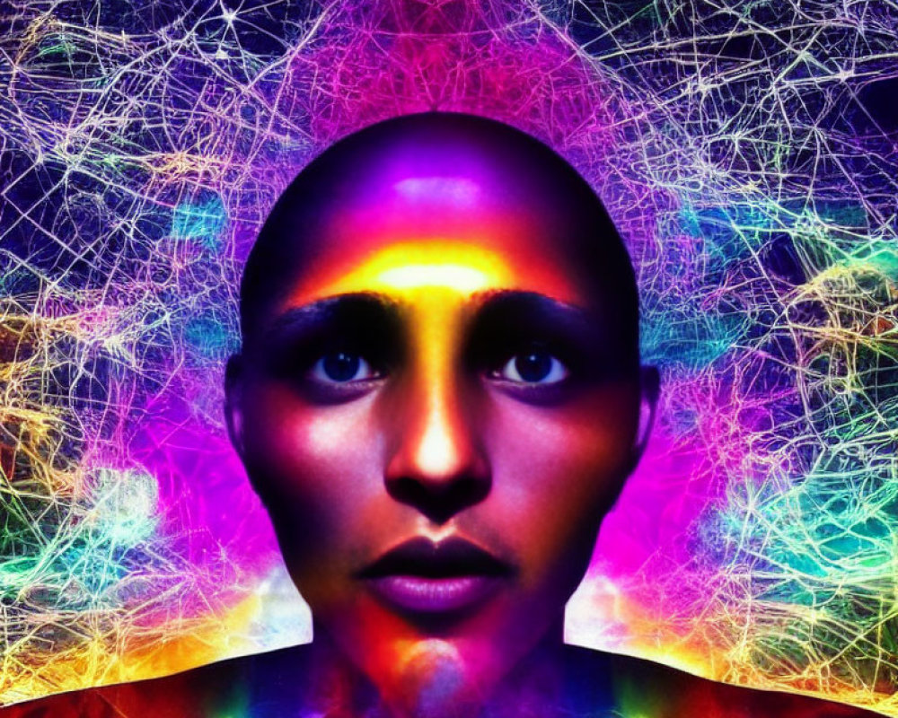 Vibrant digital artwork of a neutral-faced person amid neon lines
