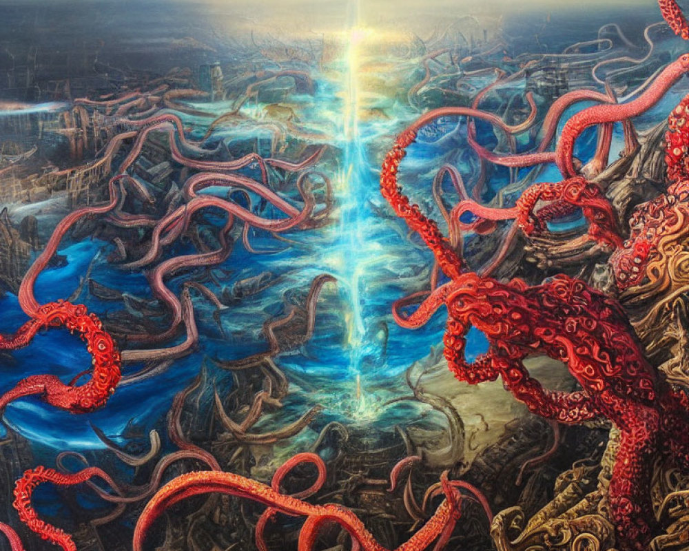 Surreal painting: Giant red octopus tentacles, luminous blue beam, dramatic landscape