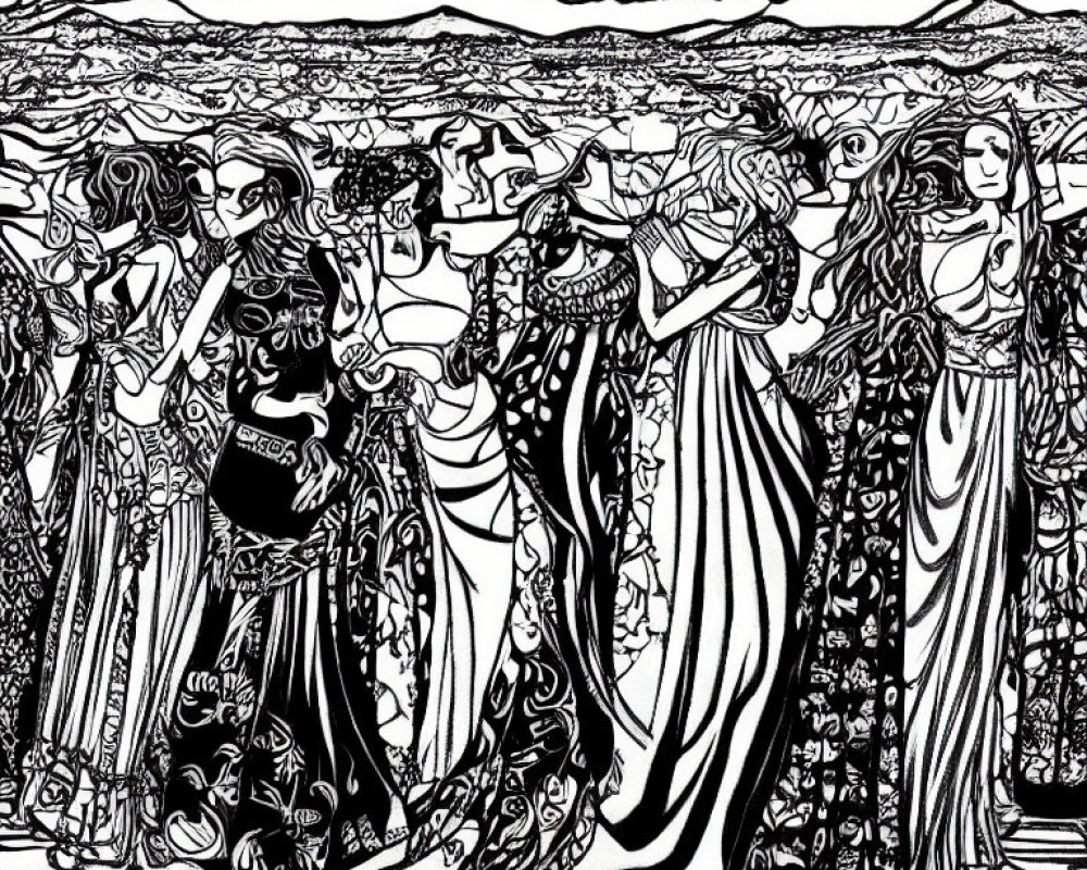Detailed black and white line art of women in floral dresses against rolling hills