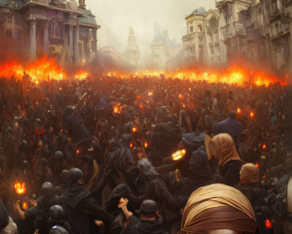 Crowded scene with masked faces, fires, and old architecture.