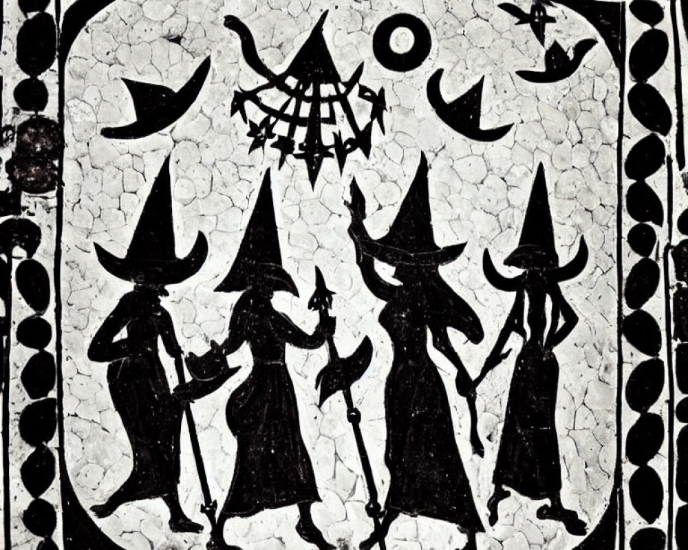Monochromatic mosaic of four figures in pointed hats under crescent moon