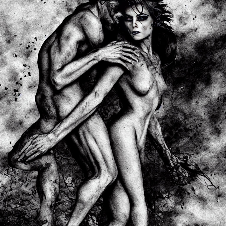 Monochromatic art of muscular male and female figures embracing