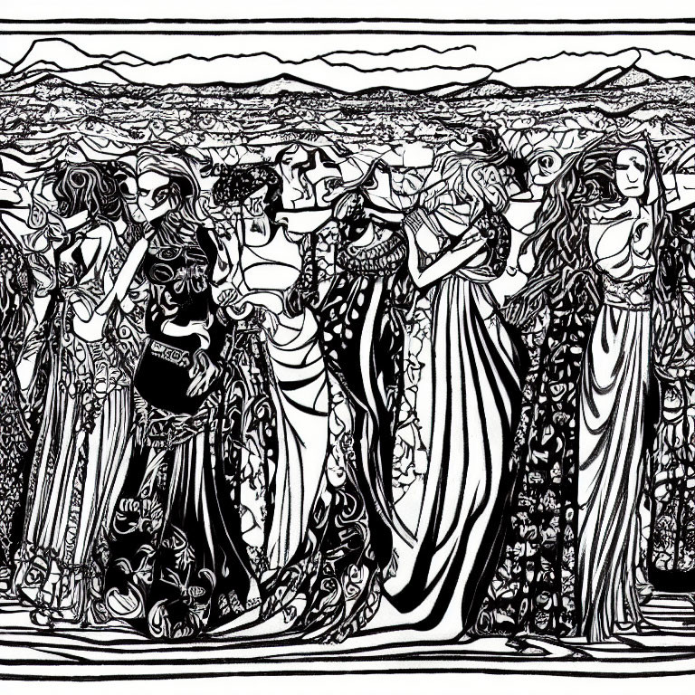 Detailed black and white line art of women in floral dresses against rolling hills