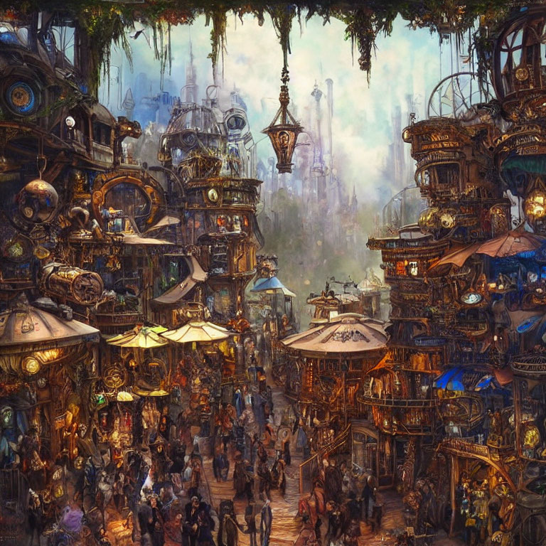 Intricate Steampunk Market with Machinery and Crowded Stalls