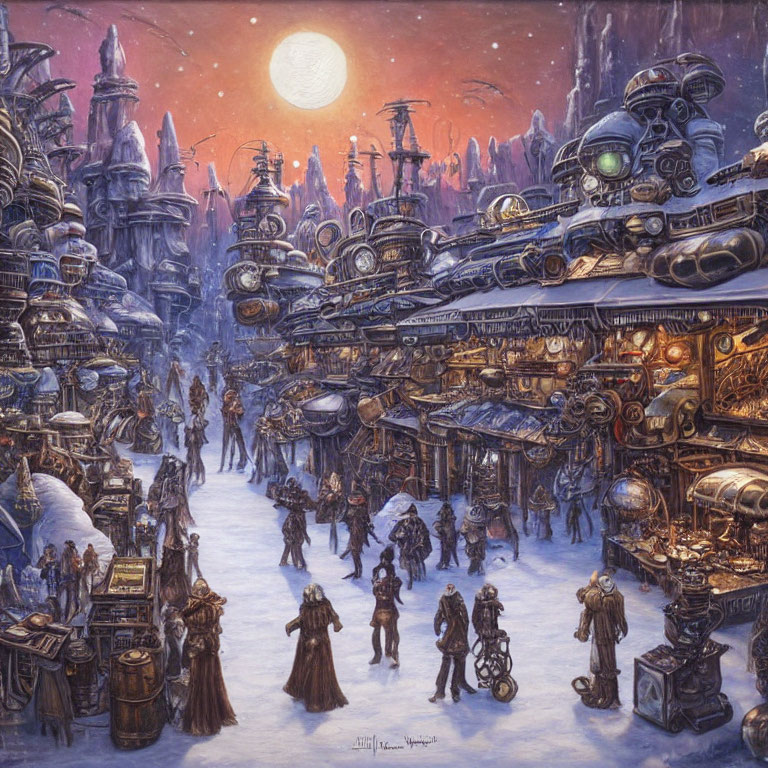 Steampunk marketplace with mechanical structures under twilight sky