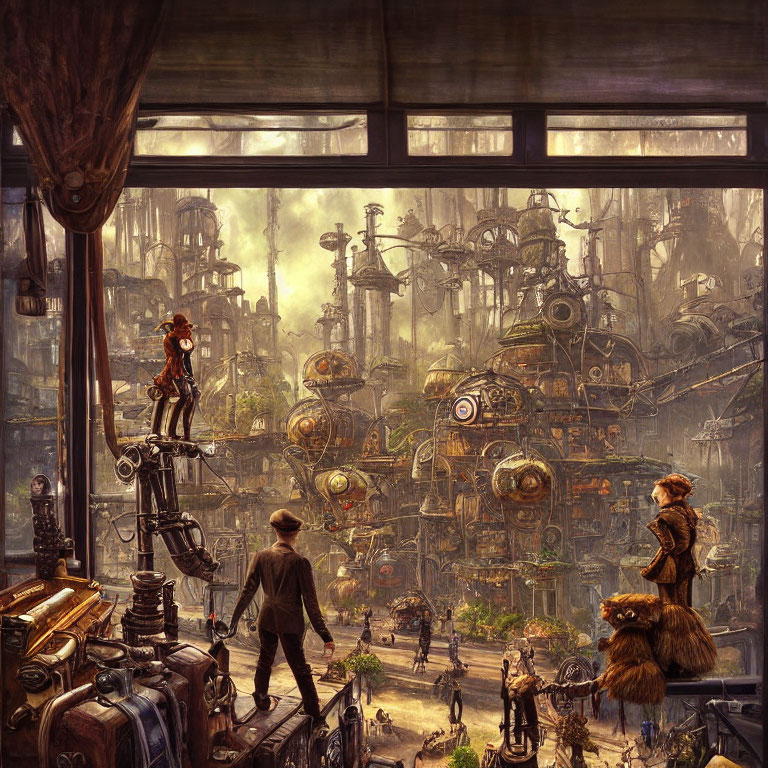Victorian Room with Steampunk Cityscape View