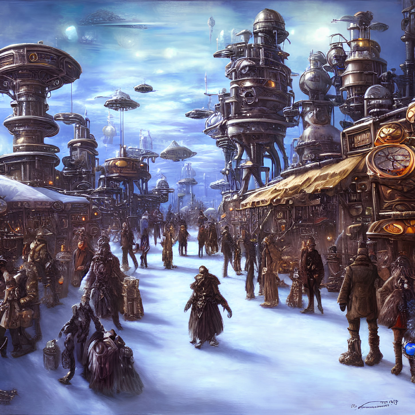 Steampunk Victorian cityscape with airships and industrial buildings.