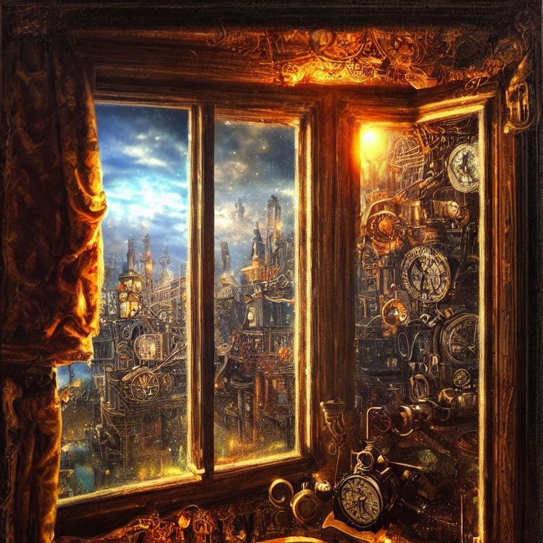 Golden ornate window frame showcases steampunk cityscape and gears at twilight