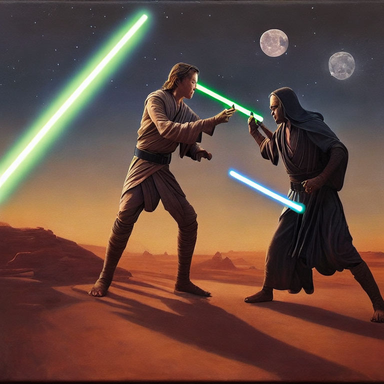 Lightsaber duel on desert planet with twin moons and stars