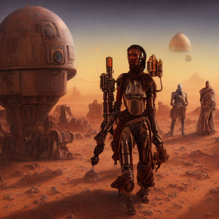 Sci-fi desert scene with armored figure, robotic companion, blaster, and dual suns.