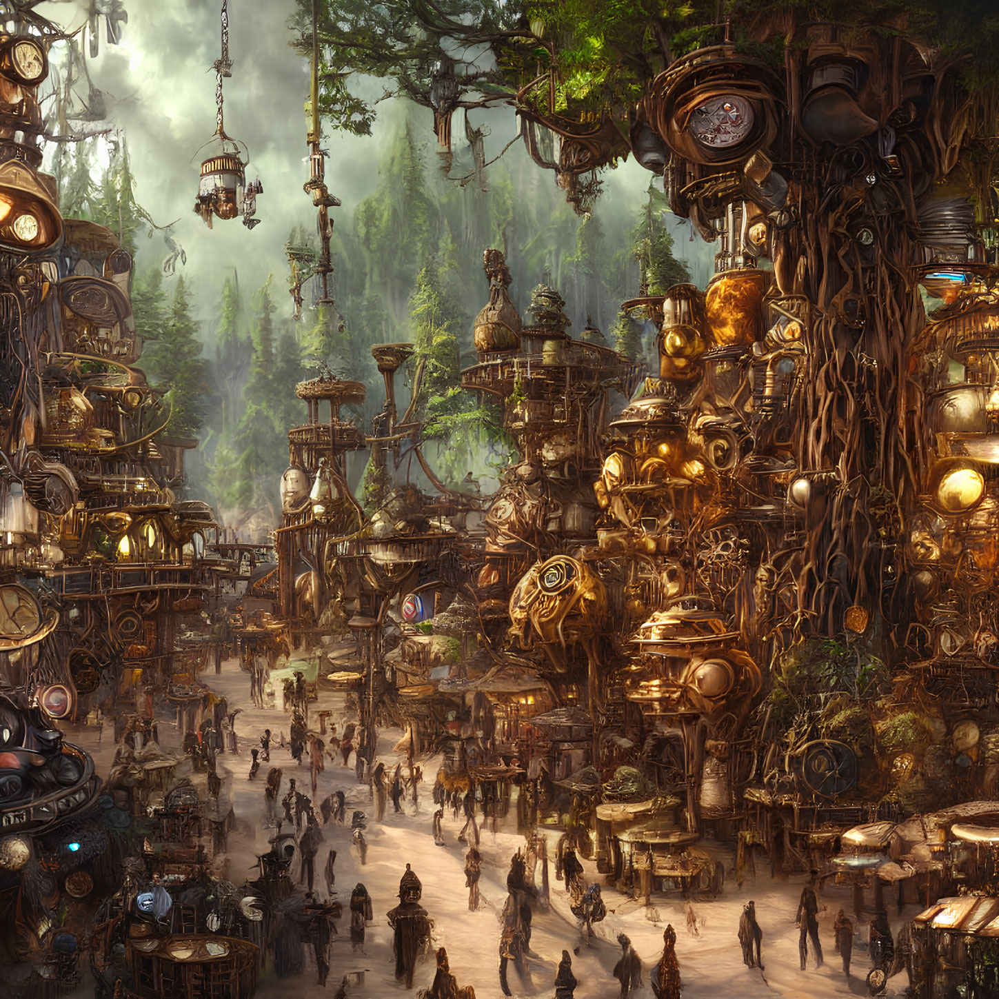 Intricate Steampunk City Among Forest with Metal Towers and Crowds