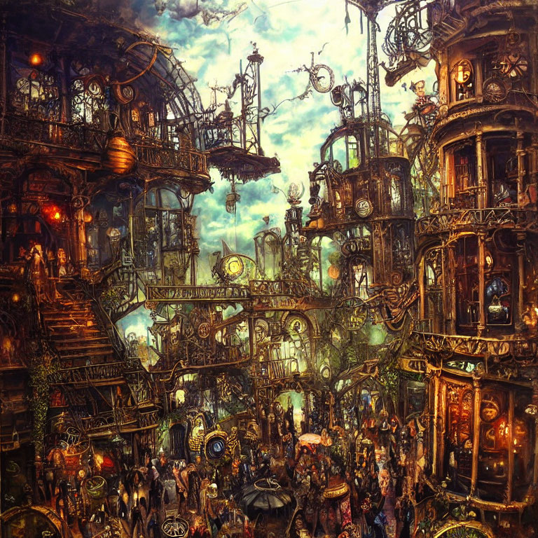 Detailed Steampunk Cityscape with Machinery, Gears, and Figures