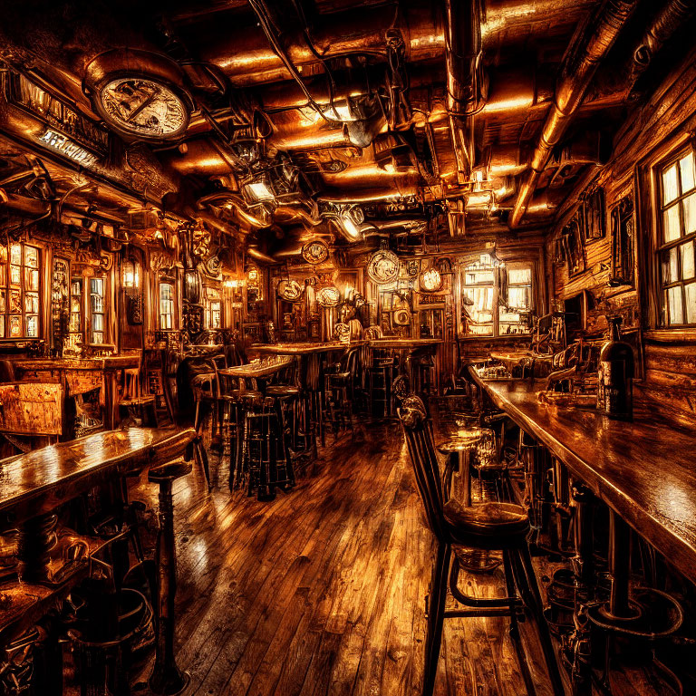 Vintage Pub with Wooden Floors and Ornate Bar Stools