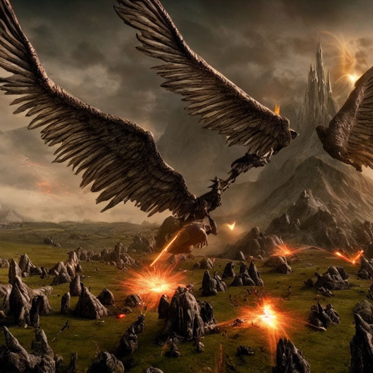 Mythical bird-like creatures breathing fire above rocky landscape