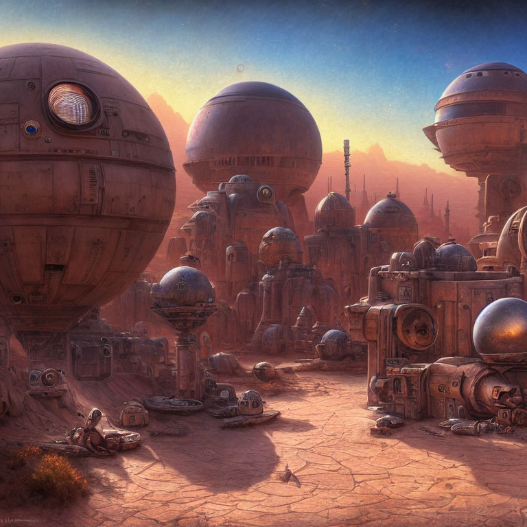 Futuristic desert landscape with spherical buildings and robots under sunset sky