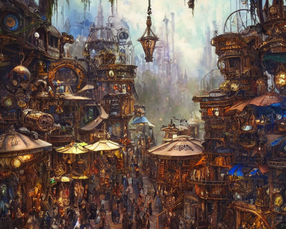 Intricate Steampunk Market with Machinery and Crowded Stalls