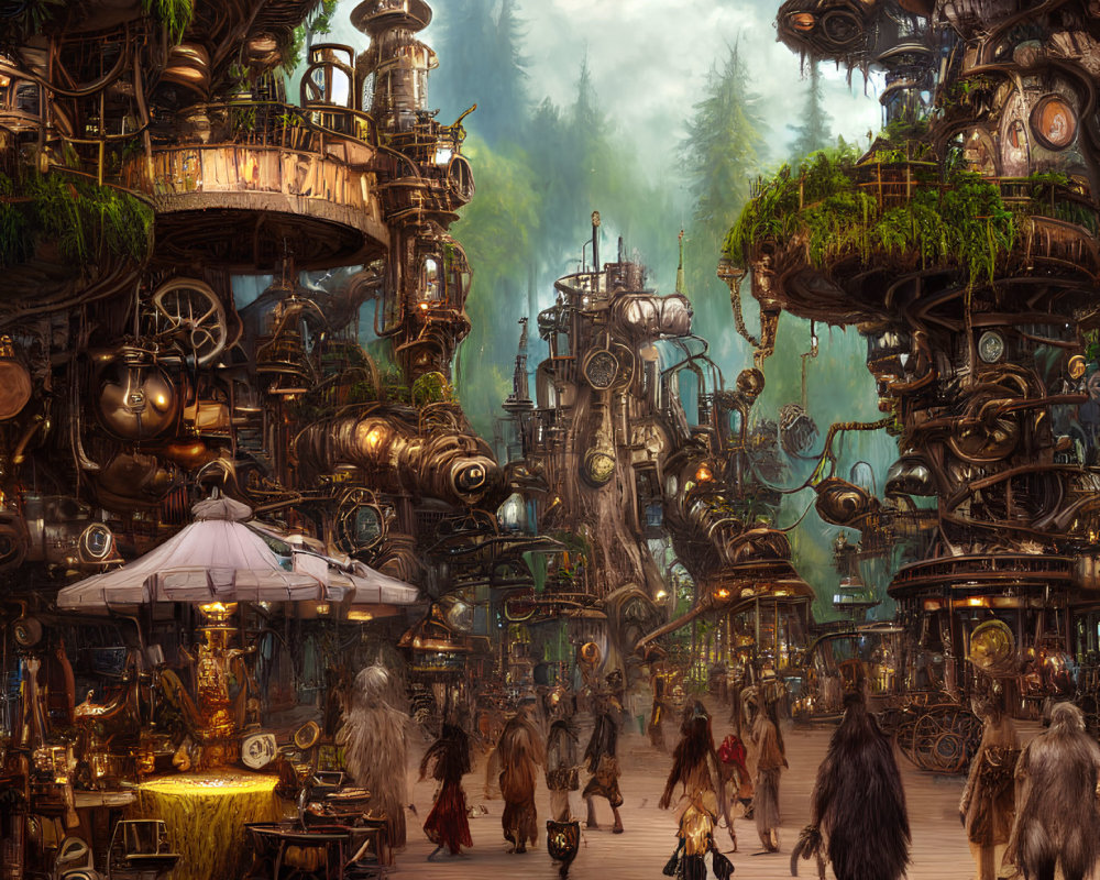 Fantasy steampunk market scene with furry creatures and lush greenery.