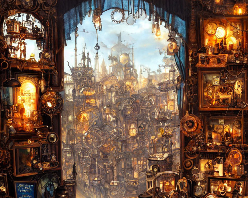 Steampunk-themed room with mechanical city view and vintage decor