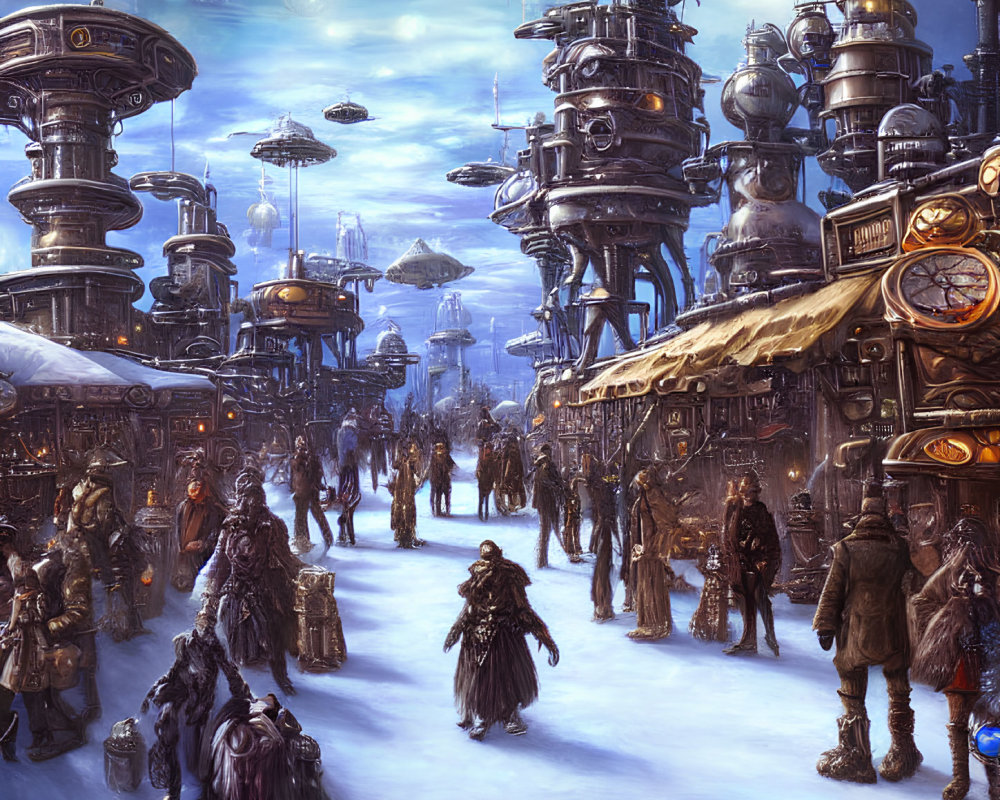 Steampunk Victorian cityscape with airships and industrial buildings.