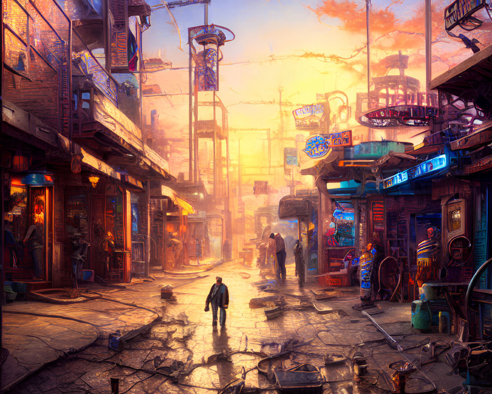 Dystopian streetscape at sunset with lone figure and futuristic tech
