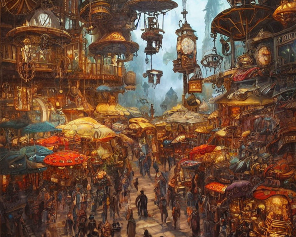 Vibrant fantasy market with ornate stalls and diverse crowd