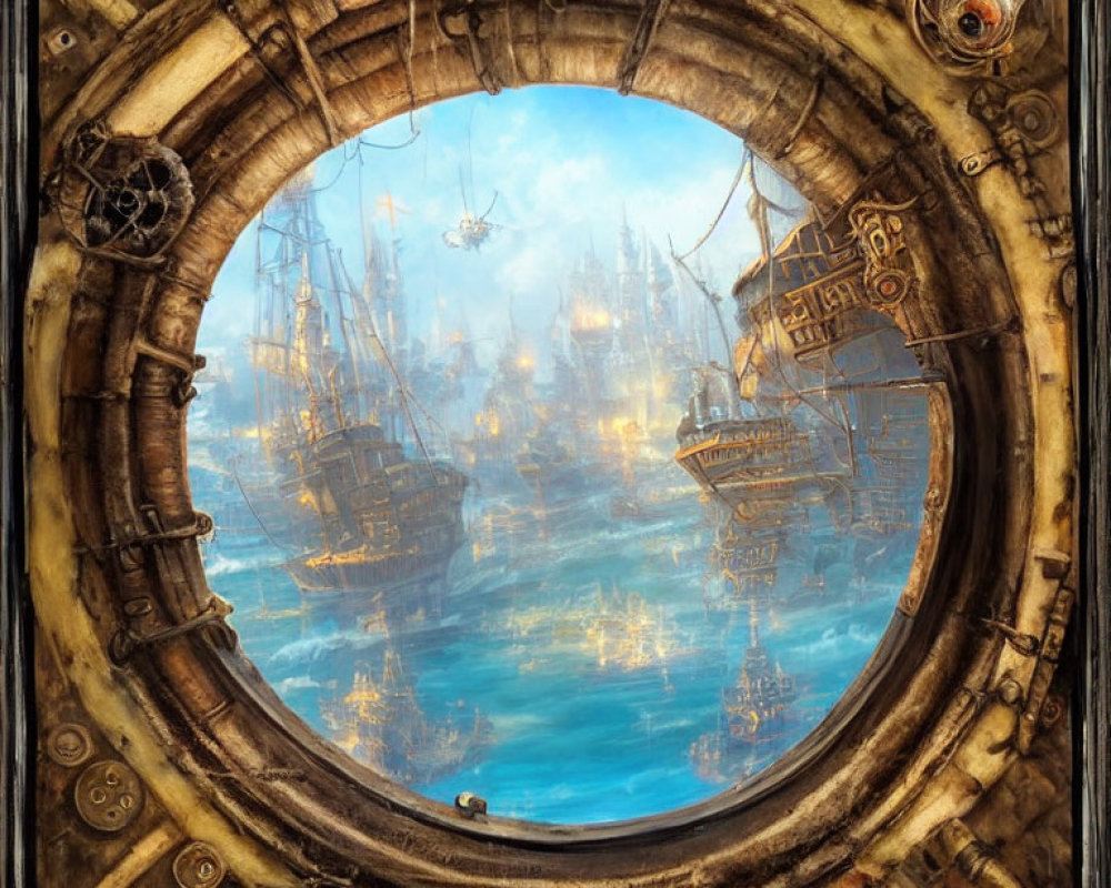 Aged ship portal frames bustling harbor with wooden ships and glistening sea