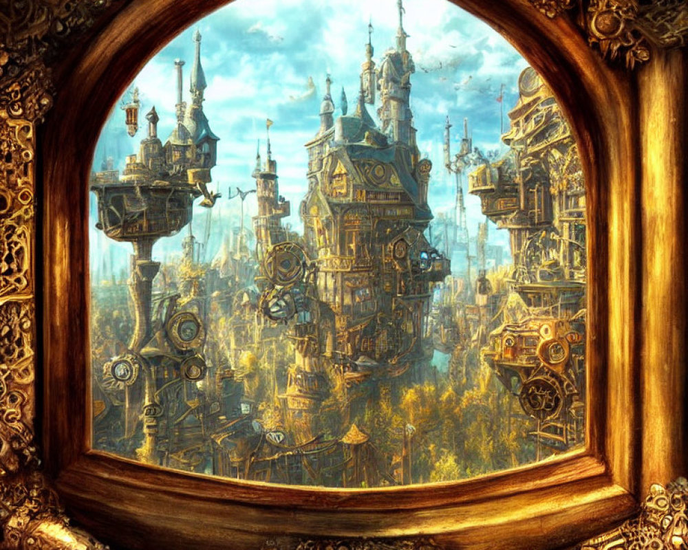 Steampunk cityscape with gears and mechanical structures in circular portal.