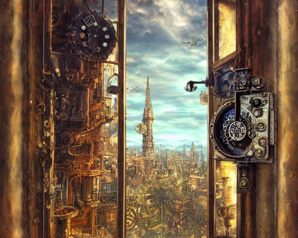 Steampunk window with cityscape and glowing sky.
