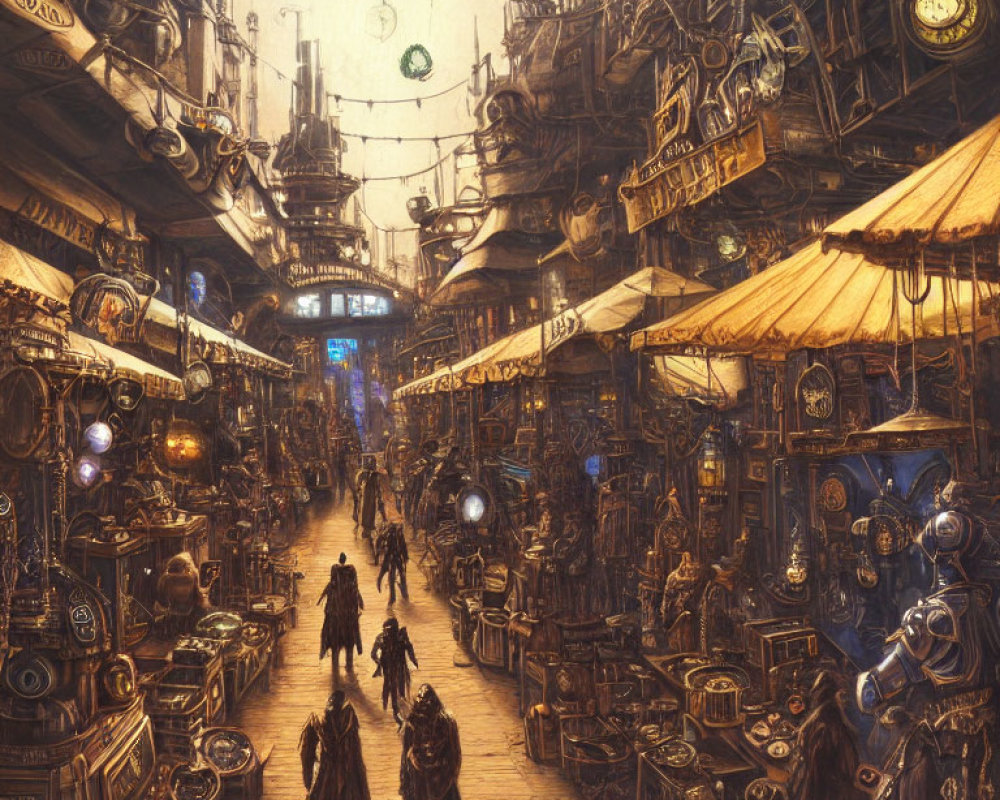Steampunk market with bustling stalls and period attire.