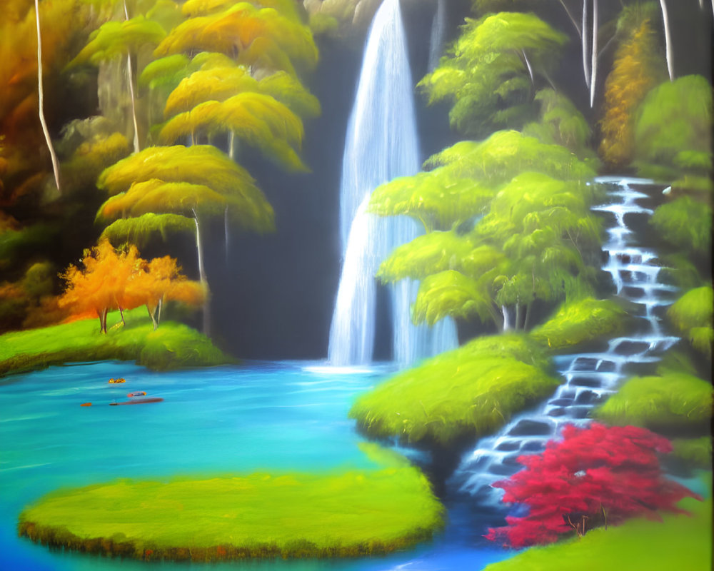 Scenic waterfall painting with lush greenery and red tree