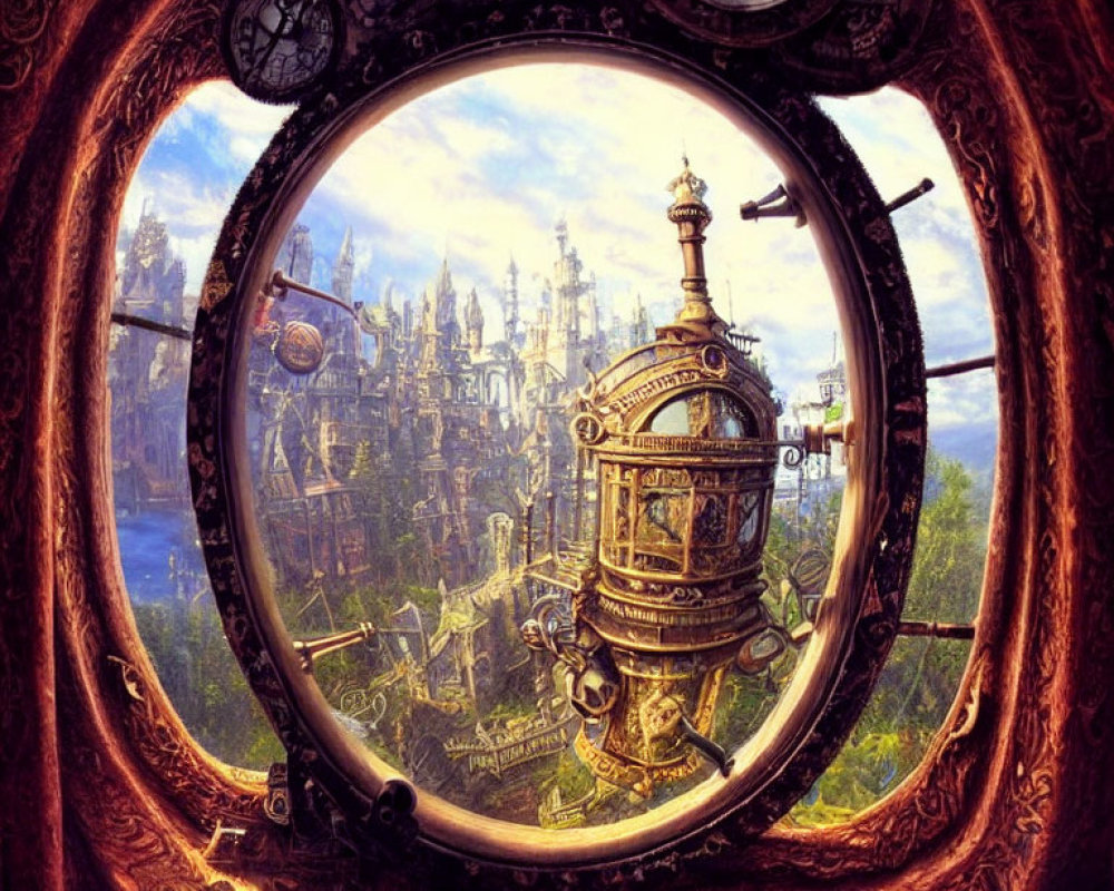 Steampunk cityscape view through ornate circular window with gears and clock.