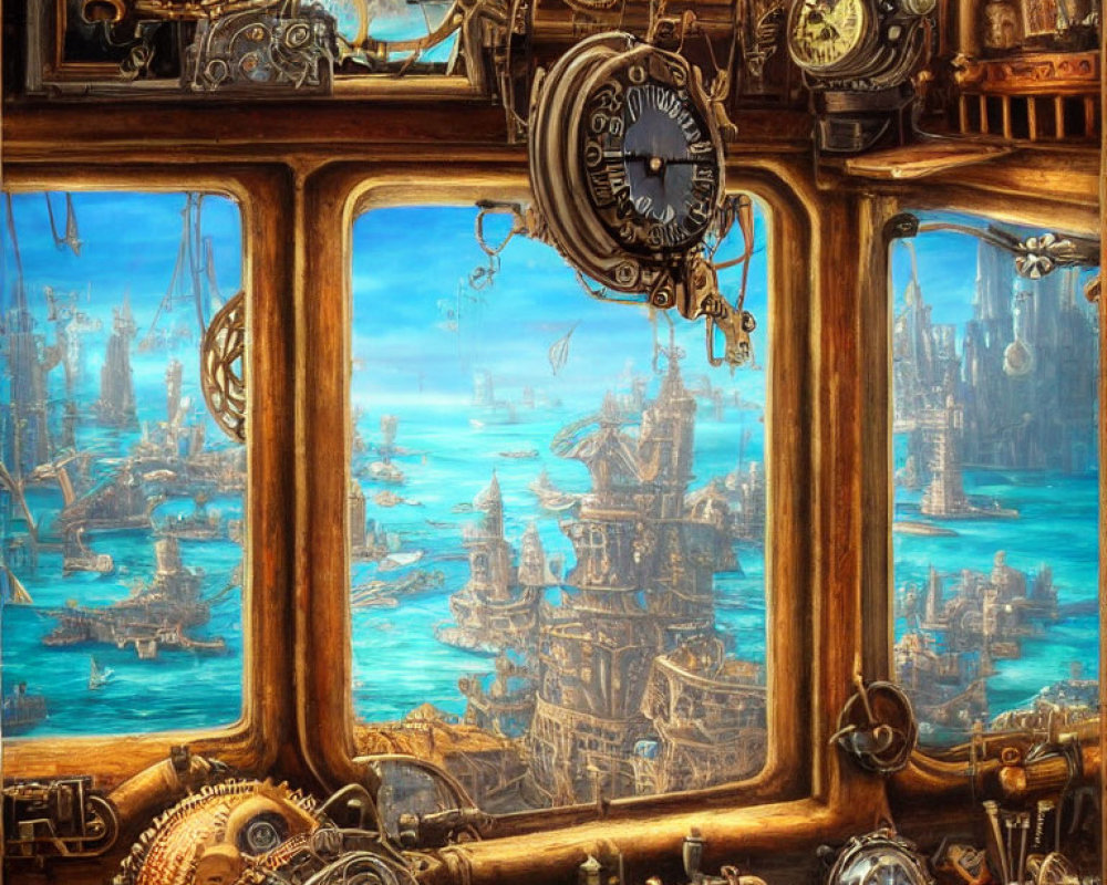 Steampunk-style artwork with intricate mechanical designs in an industrial maritime city.
