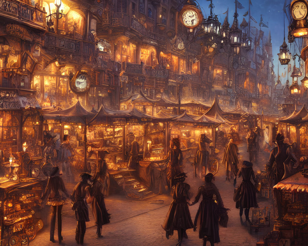 Historical Night-Time Market Scene with Ornate Buildings and Vibrant Street Stalls