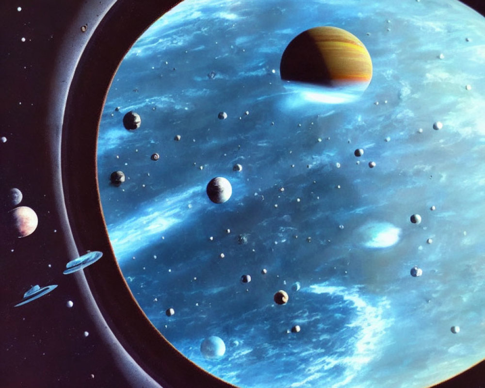 Detailed artwork of a blue celestial body with moons, space vessels, and a ringed planet.