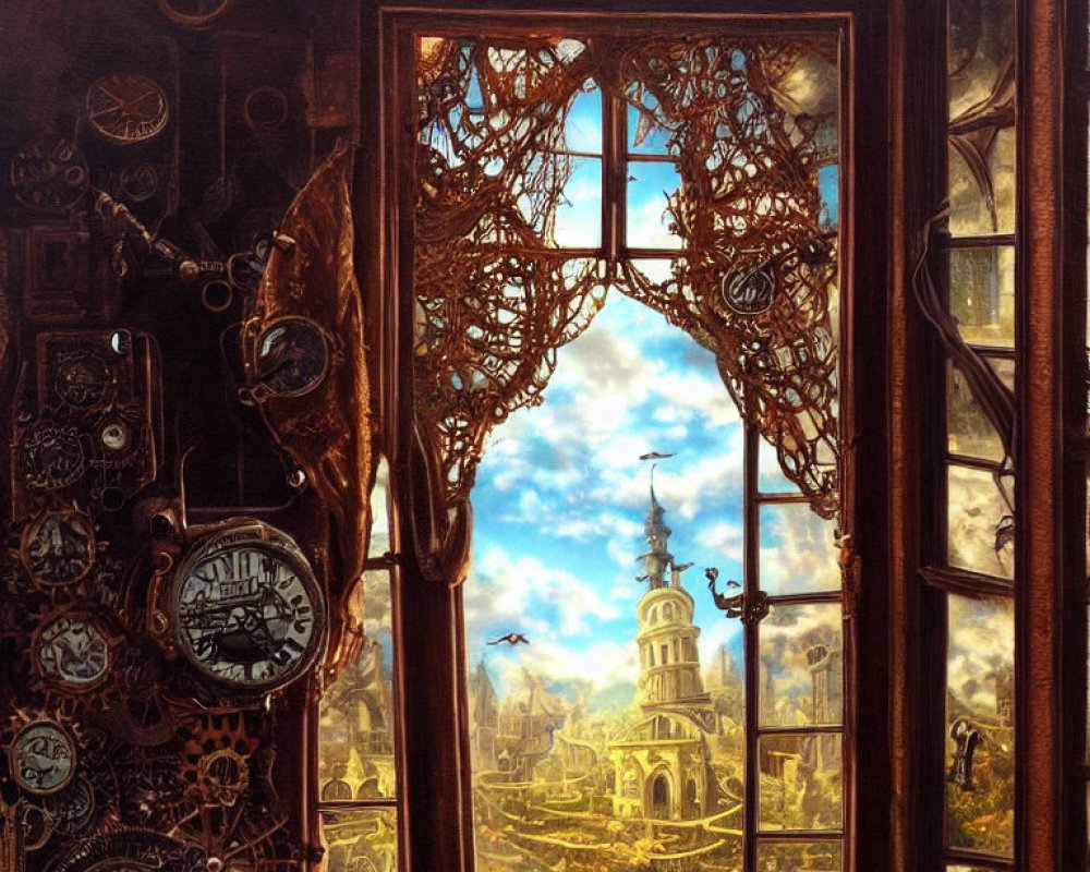 Fantastical painting: Ornate window with gears, whimsical town, towers, trees, bird